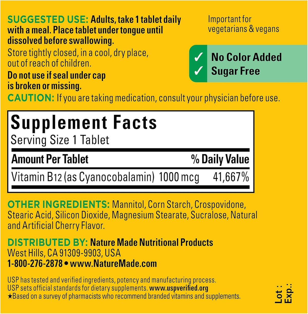 Nature Made Vitamin B-12 1000 MCG Micro-Lozenges back label