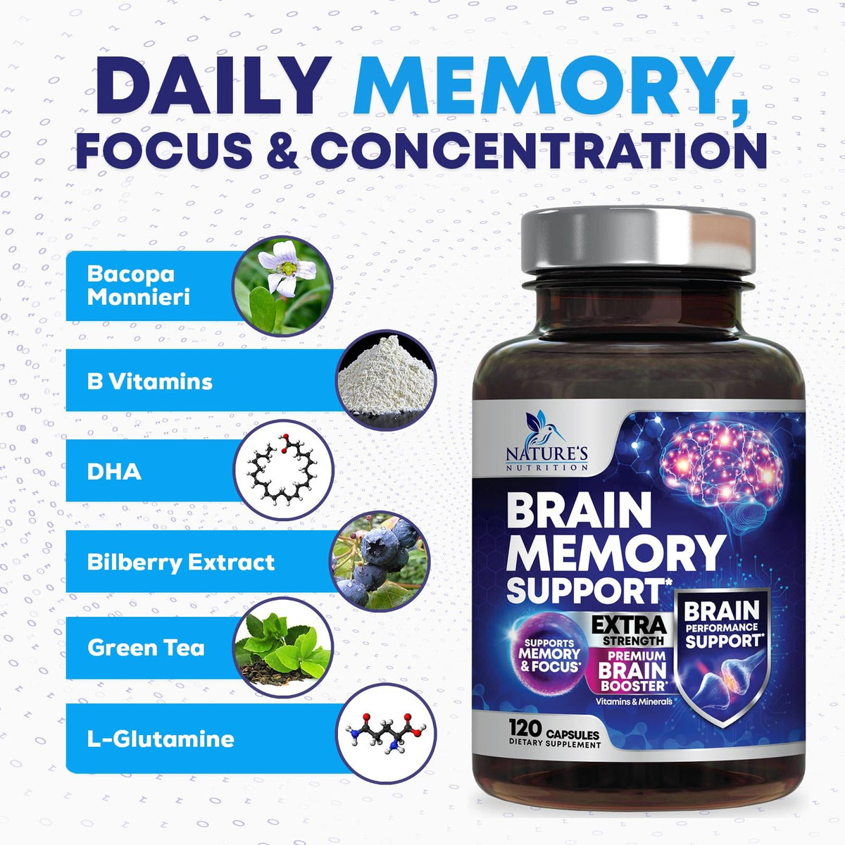 Nature's Nutrition Brain Memory Supplement capsules spilled out