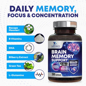 Nature's Nutrition Brain Memory Supplement capsules spilled out