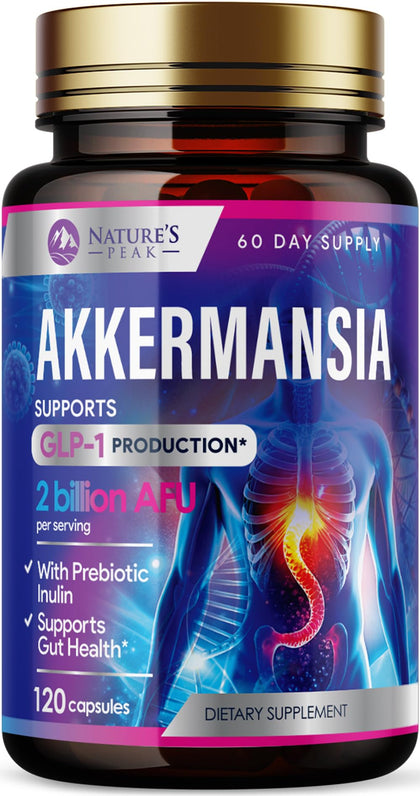 Nature's Peak Akkermansia a daily routine Supplement 120 capsules front view