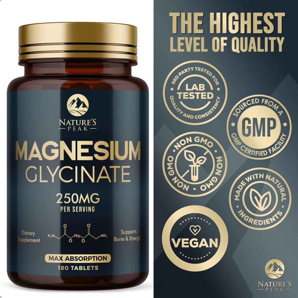 Nature's Peak Magnesium Glycinate Supplement 250mg 180 Tablets back view