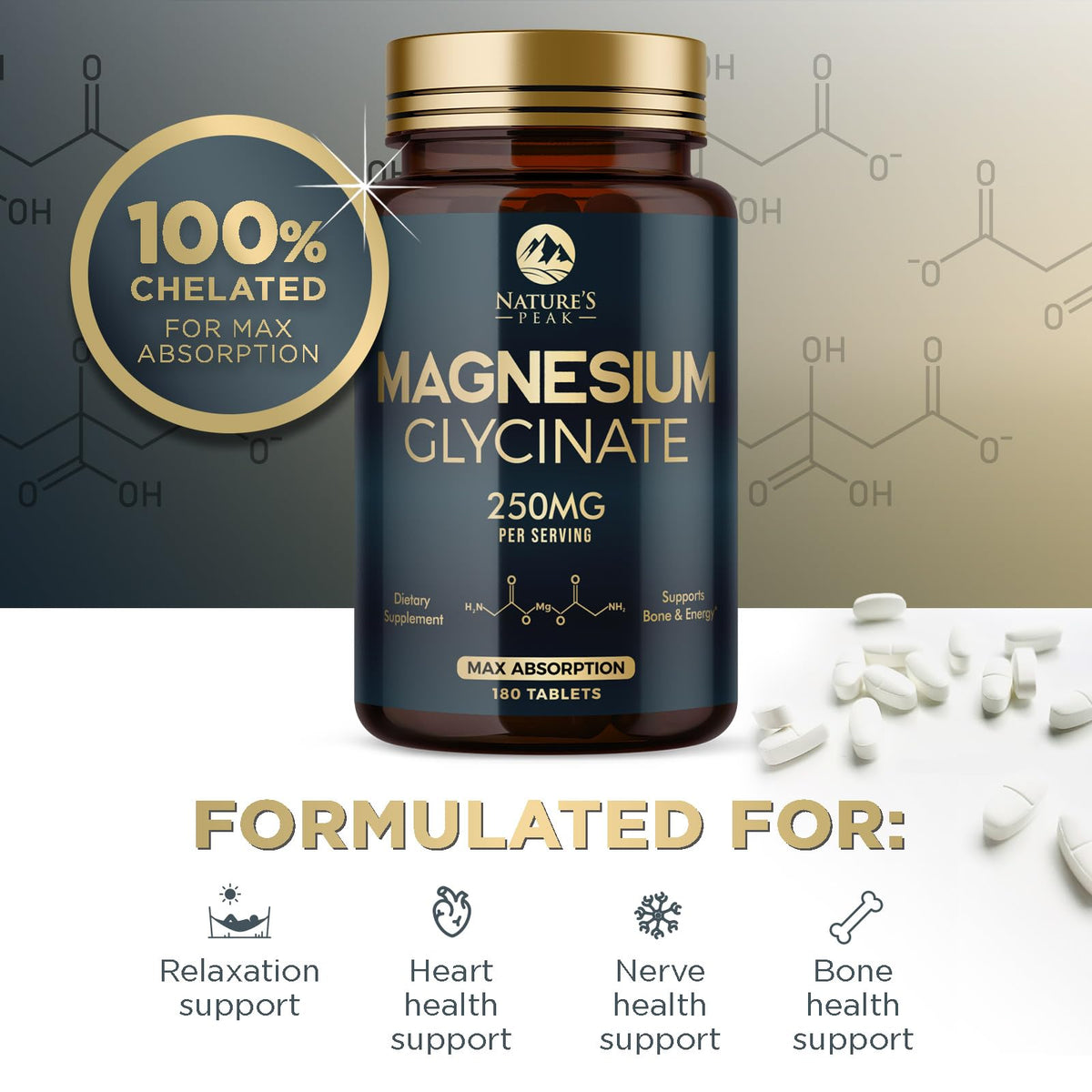 Nature's Peak Magnesium Glycinate Supplement 250mg 180 Tablets with measuring scoop