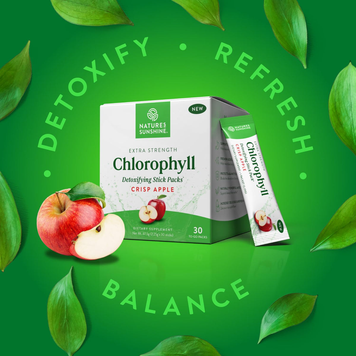 Nature's Sunshine Chlorophyll Stick Pack opened showing powder