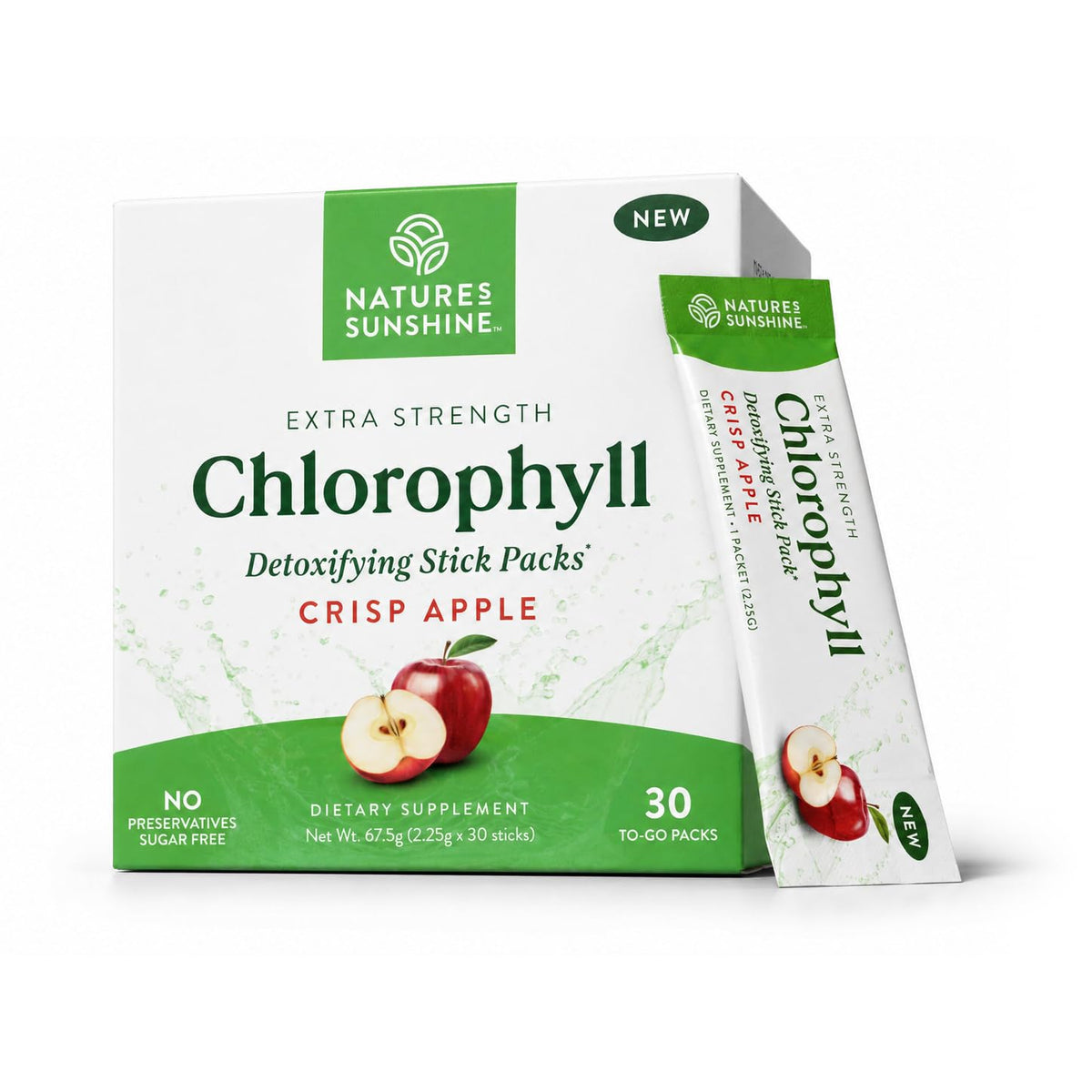 Nature's Sunshine Chlorophyll Stick Packs front view with Crisp Apple flavour