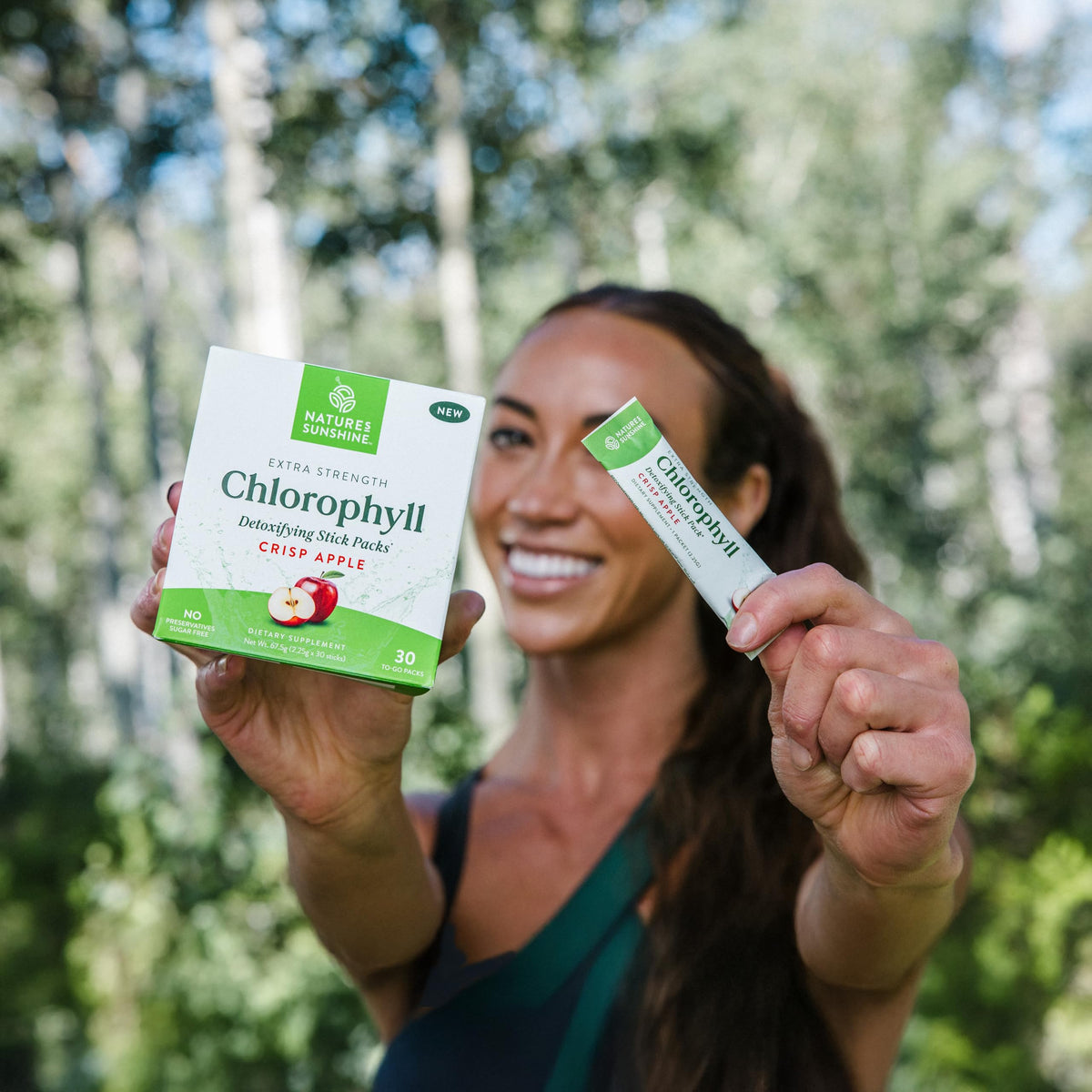 Nature's Sunshine Chlorophyll Stick Packs packaging with eco-friendly label