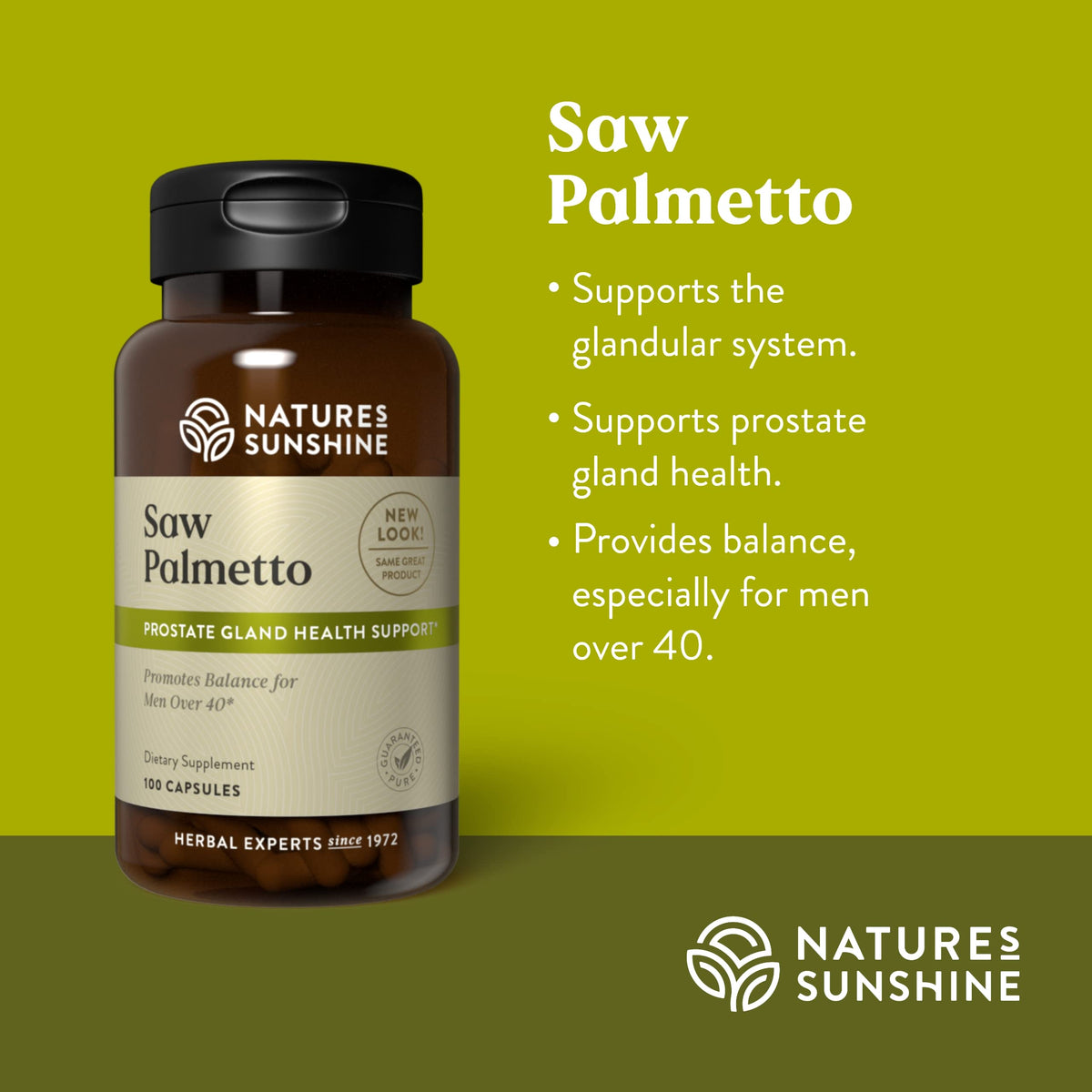 Nature's Sunshine Saw Palmetto capsules on a wooden surface