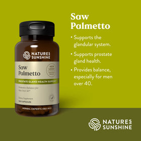 Nature's Sunshine Saw Palmetto capsules on a wooden surface