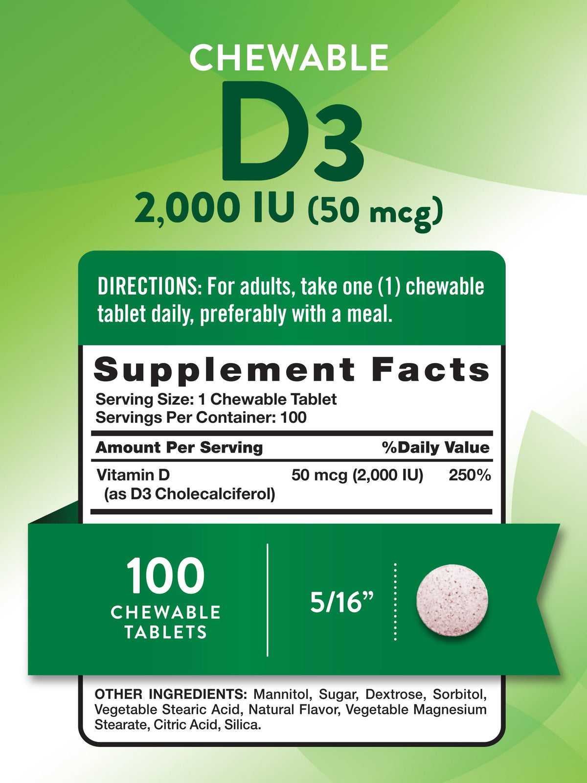 Nature's Truth Chewable Vitamin D3 2000 IU tablets side view