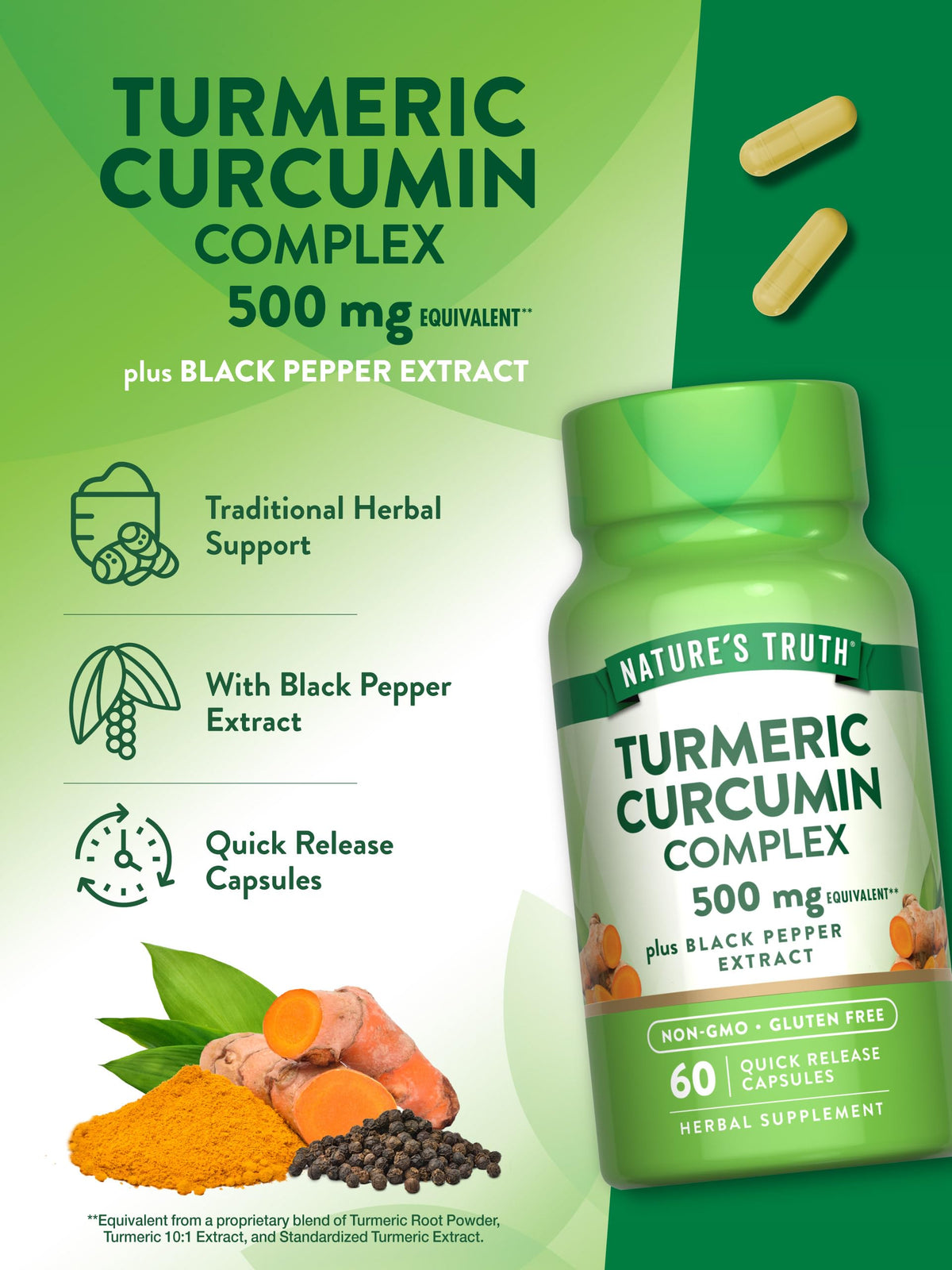 Nature's Truth Turmeric Curcumin capsules on a wooden table