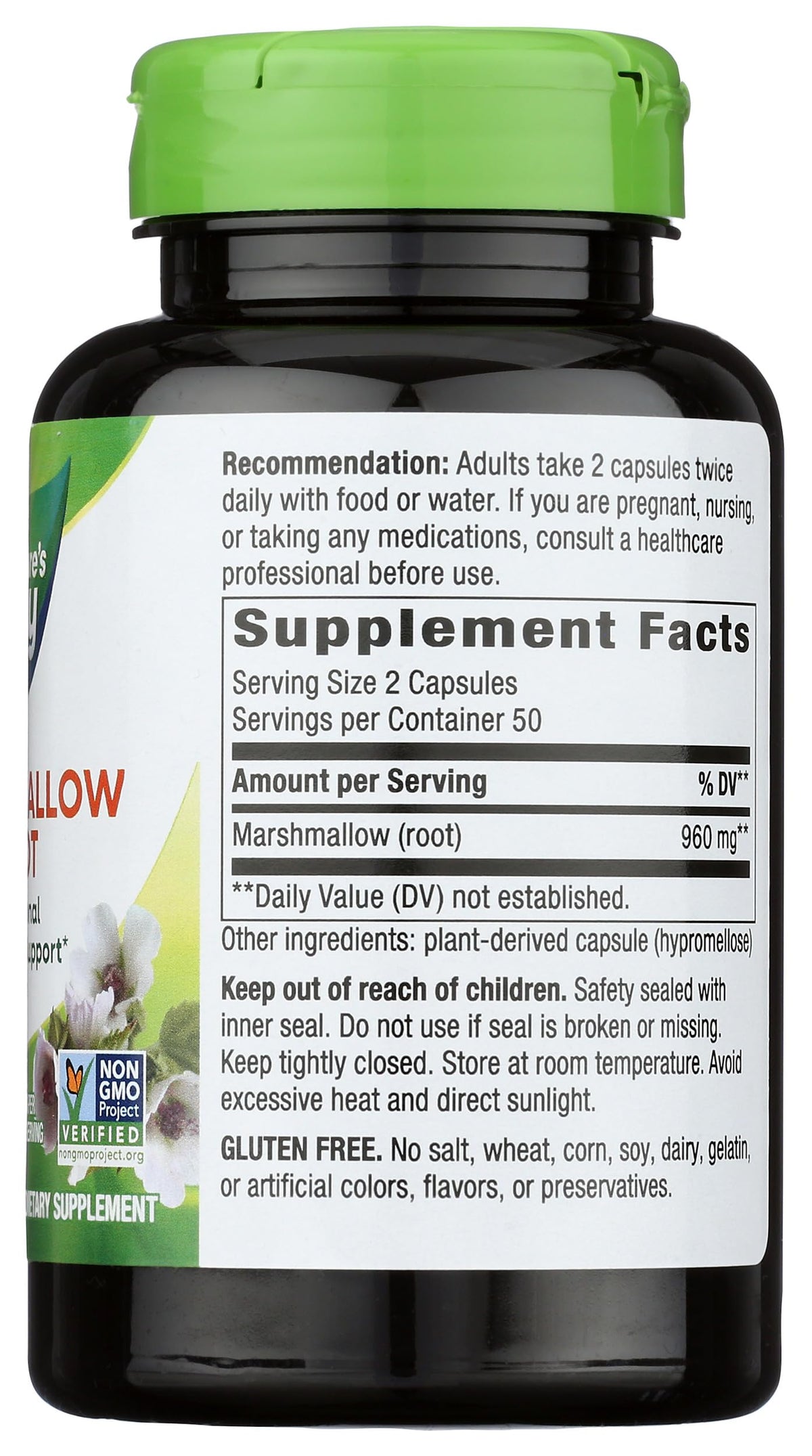 Nature's Way Marshmallow Root 960 mg capsules close-up