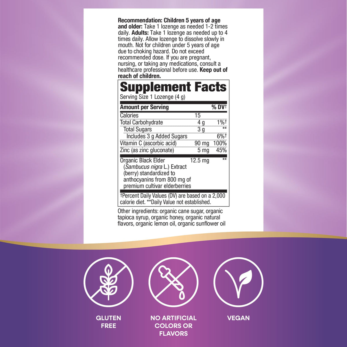Nature's Way Sambucus Zinc Lozenges packaging side view