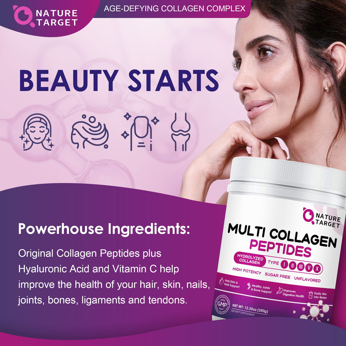 NATURE TARGET Multi Collagen Peptides Powder mixed in a smoothie