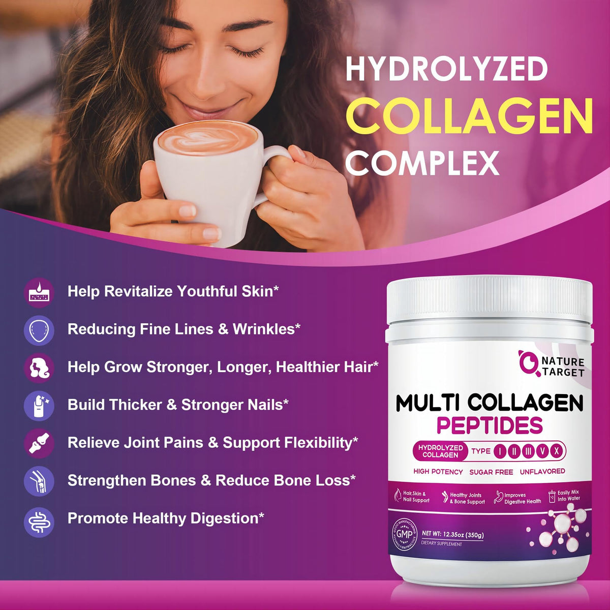 NATURE TARGET Multi Collagen Peptides Powder side view packaging