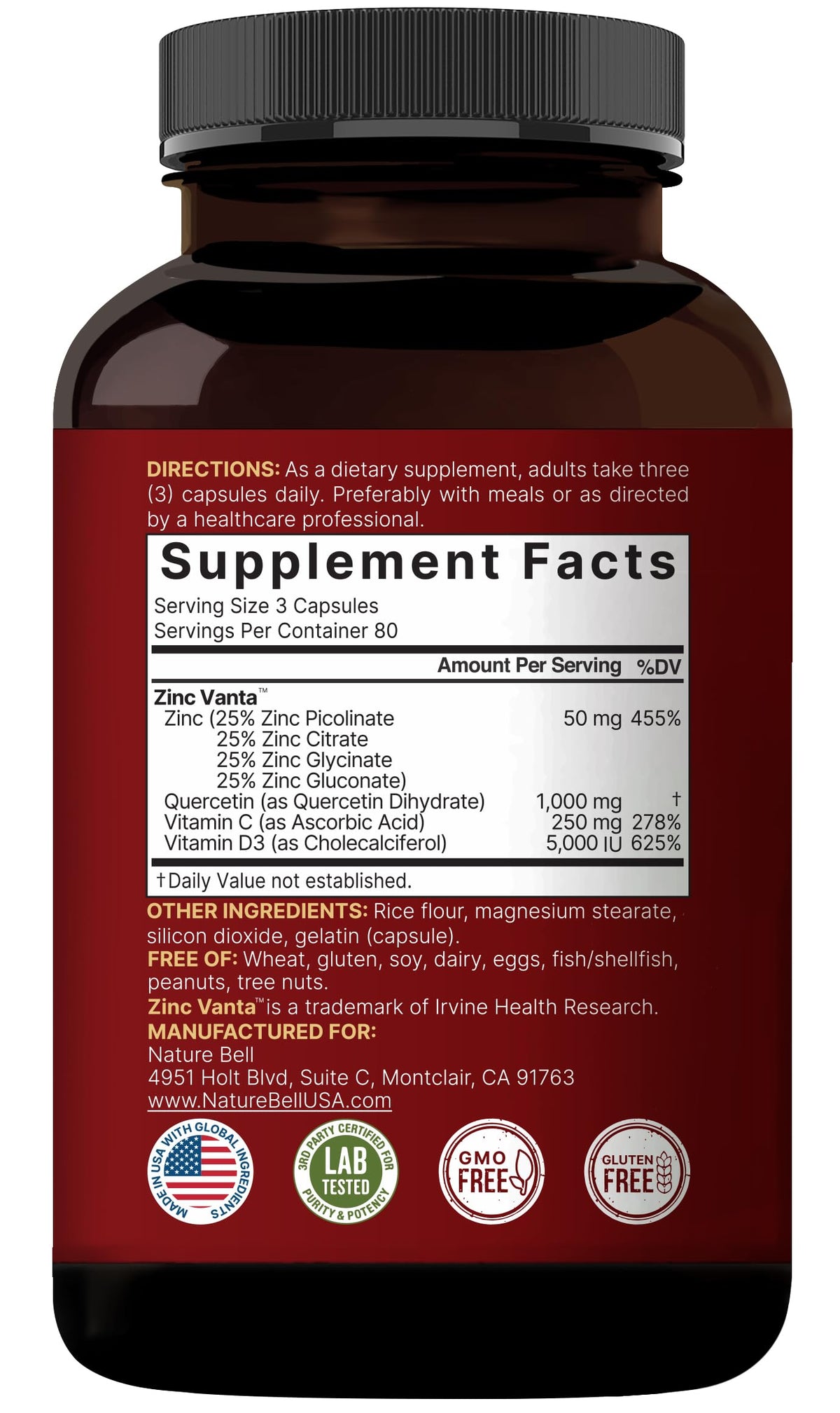 NatureBell Zinc Quercetin capsules in a hand