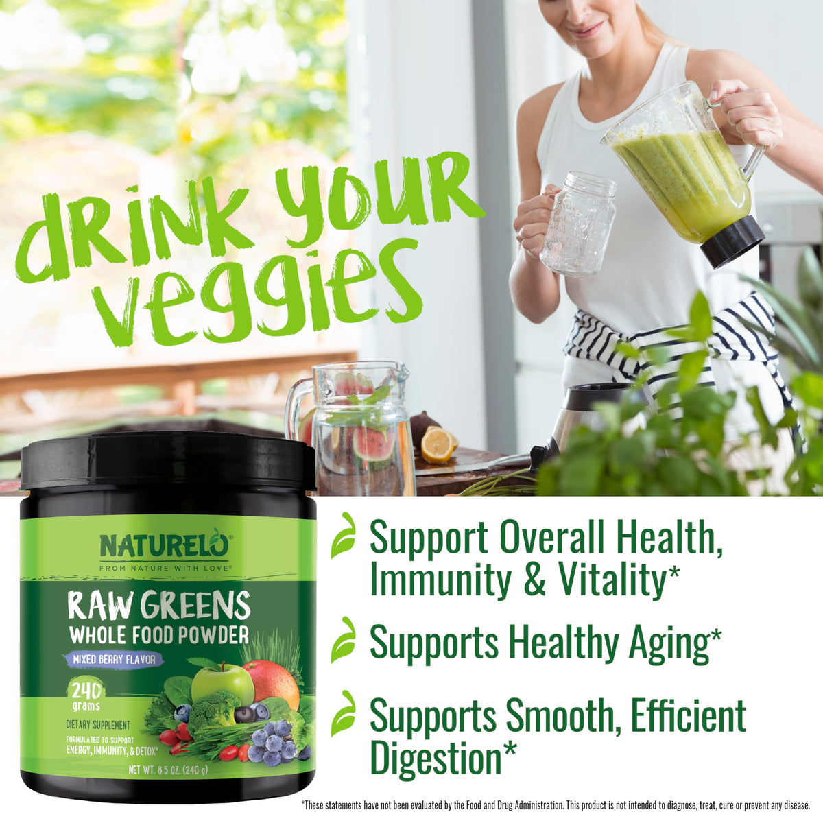 NATURELO Raw Greens Superfood Powder 240g Mixed Berry ingredient list
