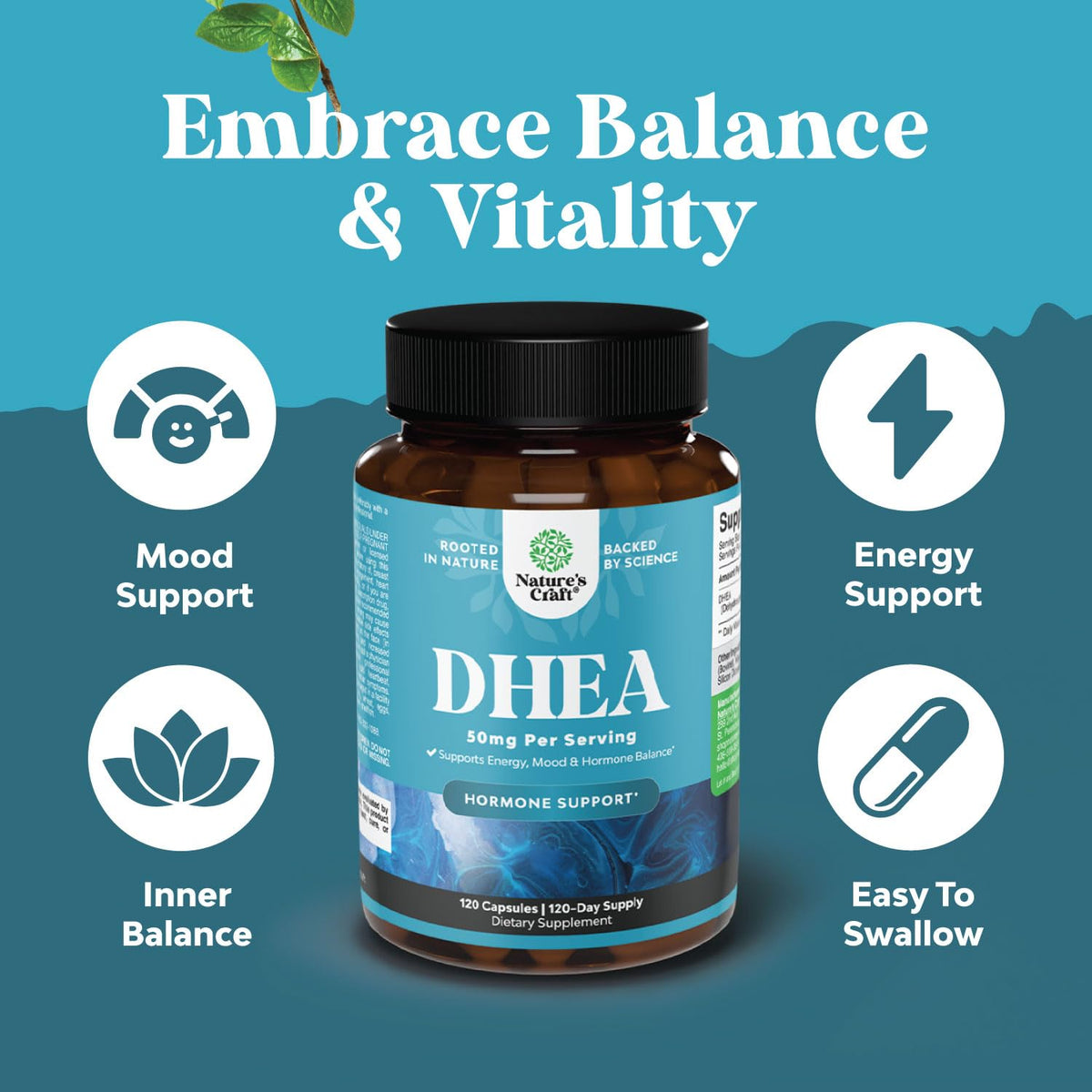 Natures Craft DHEA Supplement 50mg side view of bottle