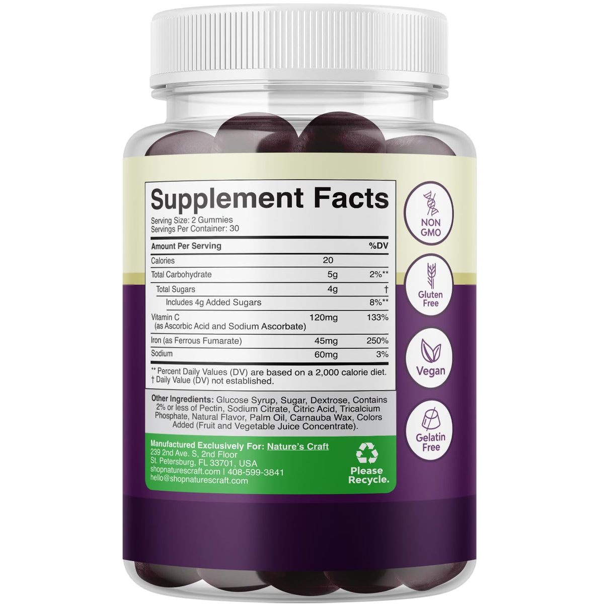 Natures Craft Extra Strength Iron Gummies nutritional information