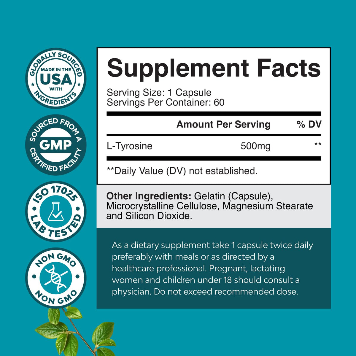 Natures Craft L-Tyrosine 500mg Capsules back view