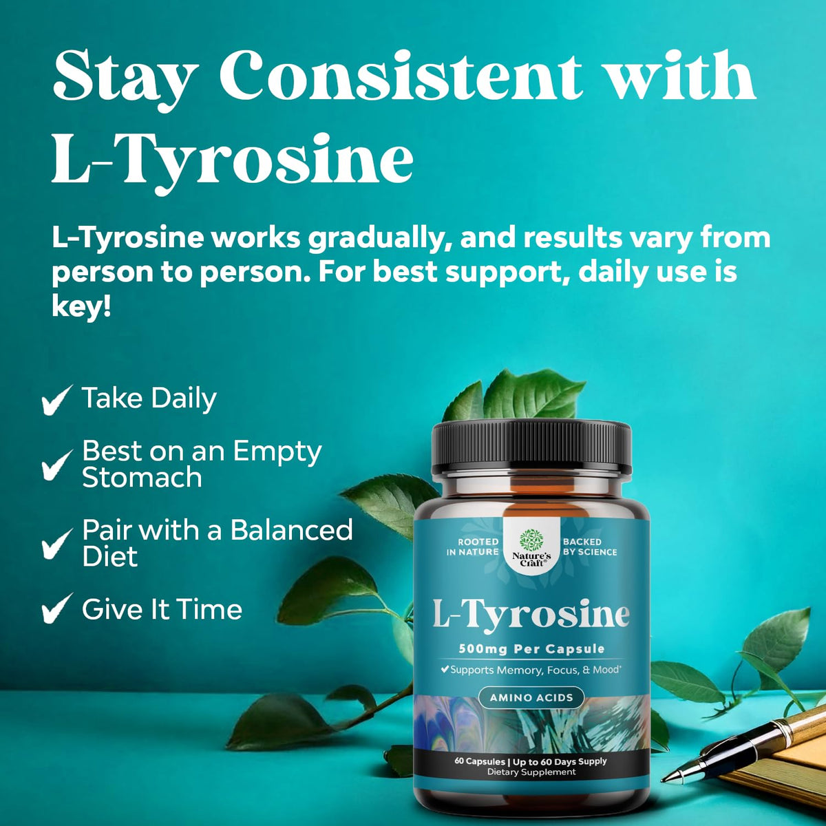 Natures Craft L-Tyrosine 500mg Capsules bottle with label