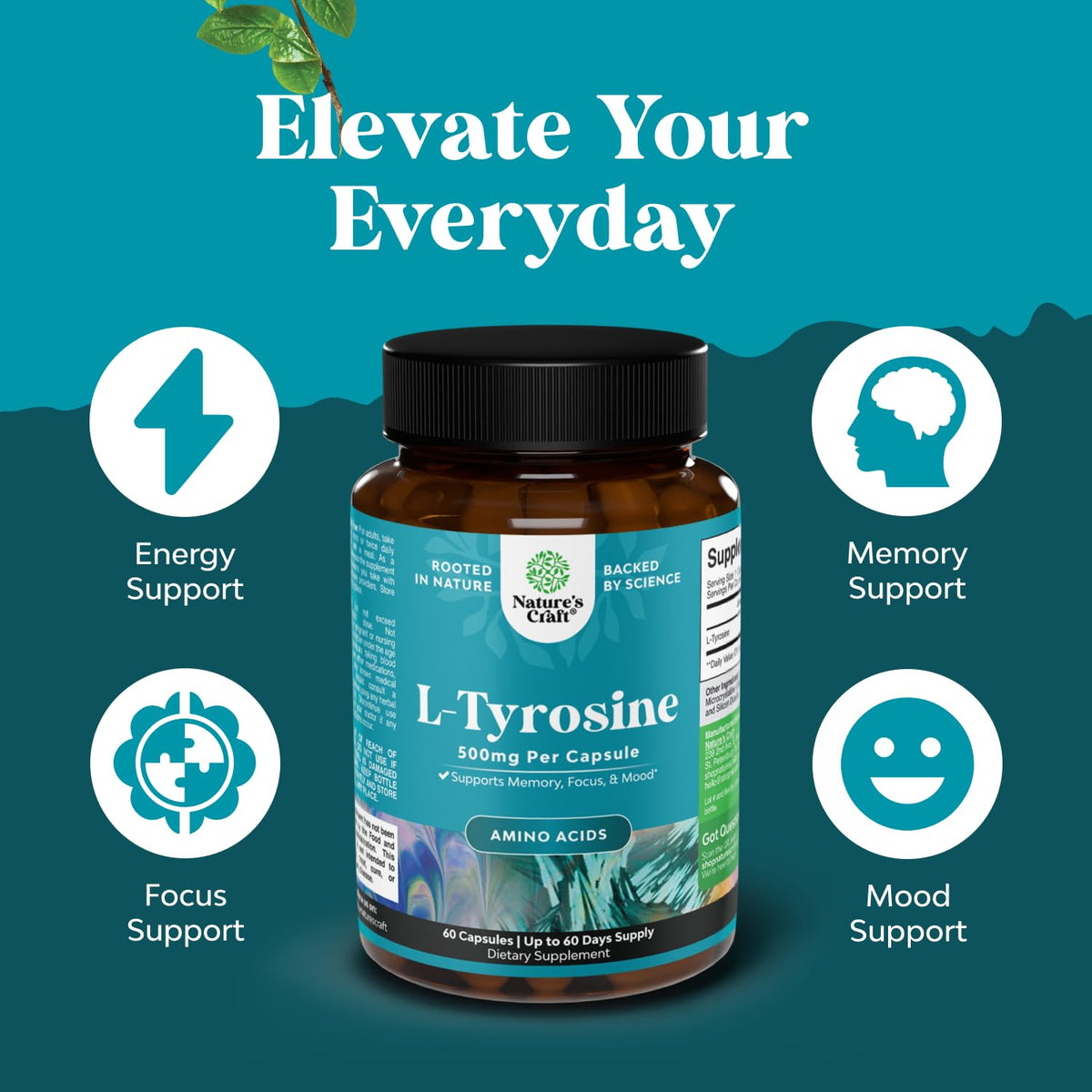 Natures Craft L-Tyrosine 500mg Capsules on a wooden table