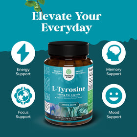 Natures Craft L-Tyrosine 500mg Capsules on a wooden table