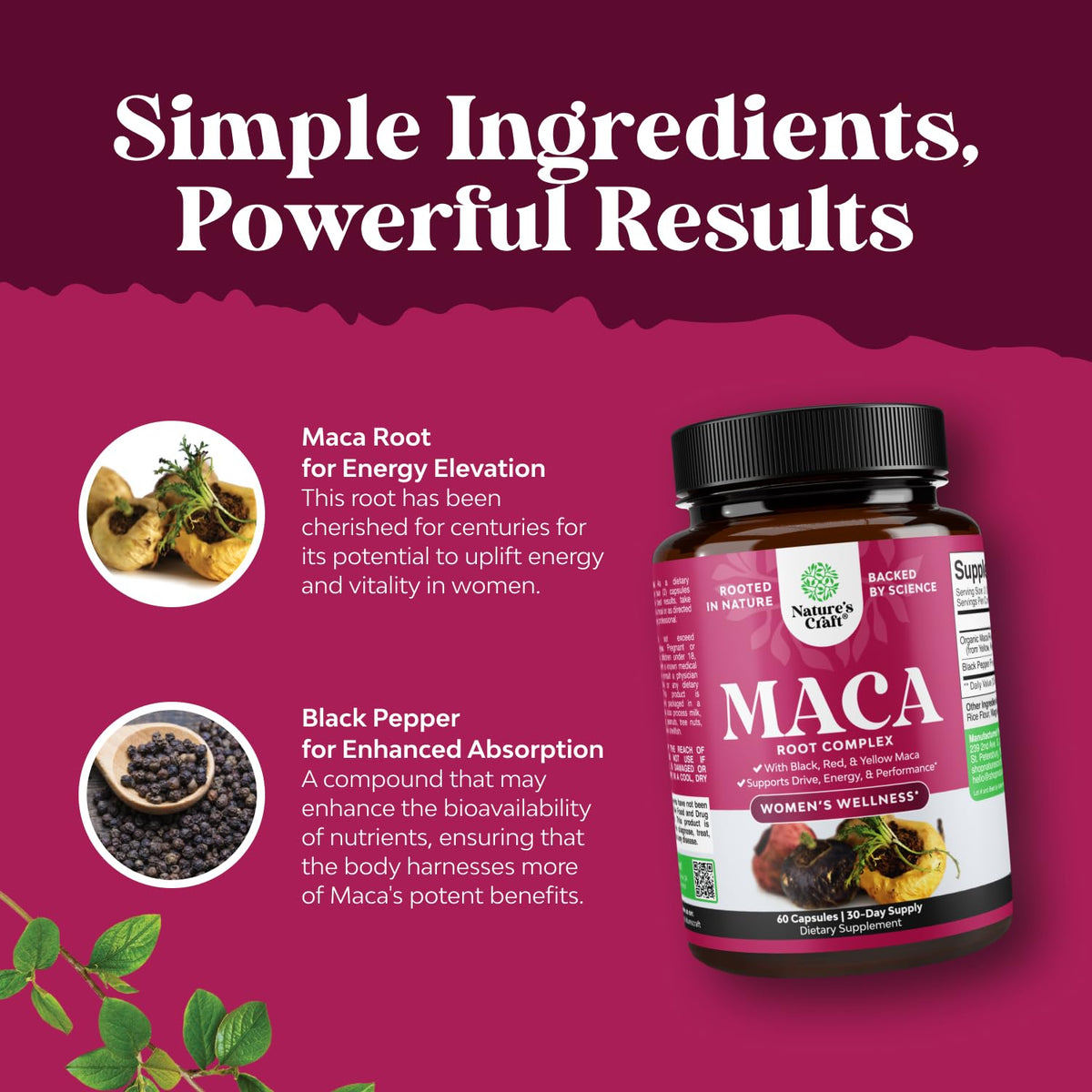 Natures Craft Maca Root Capsules for Women back view