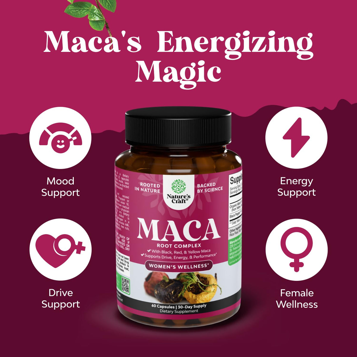 Natures Craft Maca Root Capsules for Women bottle with label