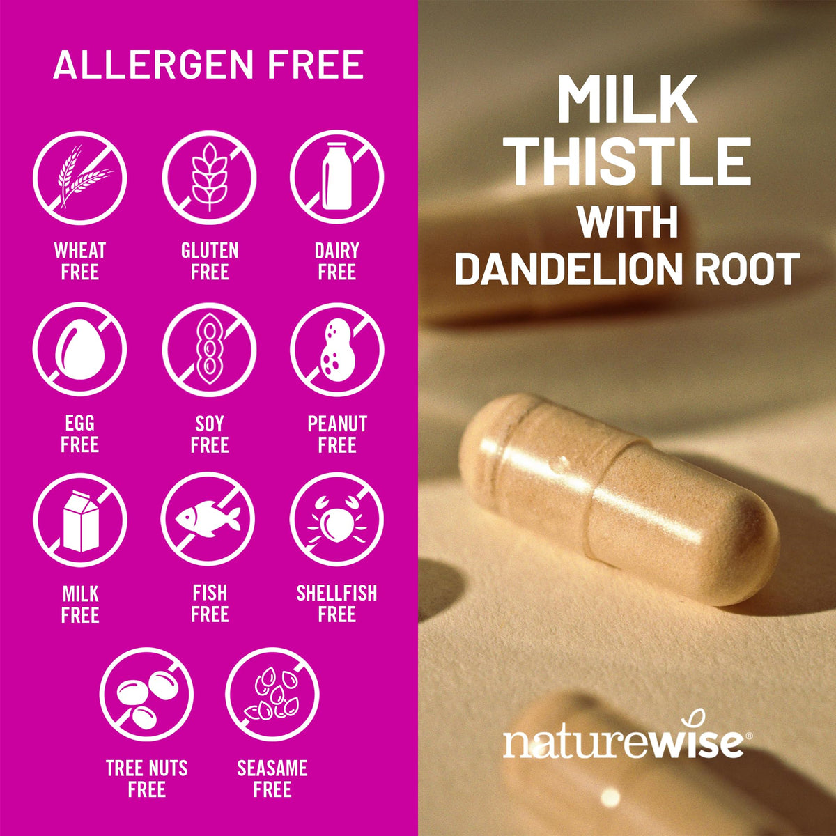 NatureWise Milk Thistle capsules with dandelion root on wooden table