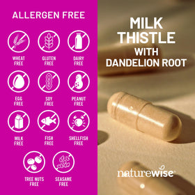 NatureWise Milk Thistle capsules with dandelion root on wooden table