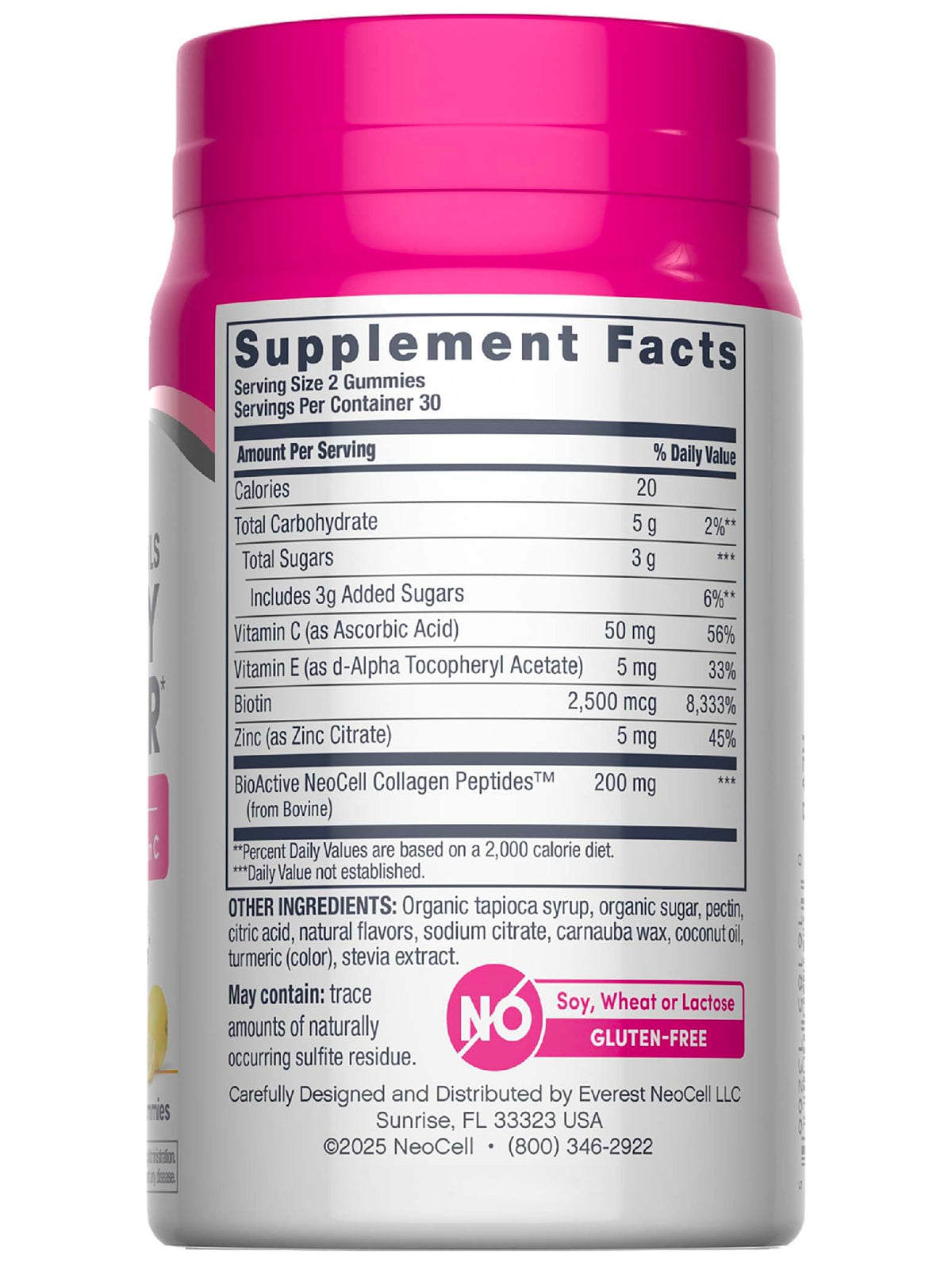 NeoCell Hair Skin and Nails Gummies bottle side view