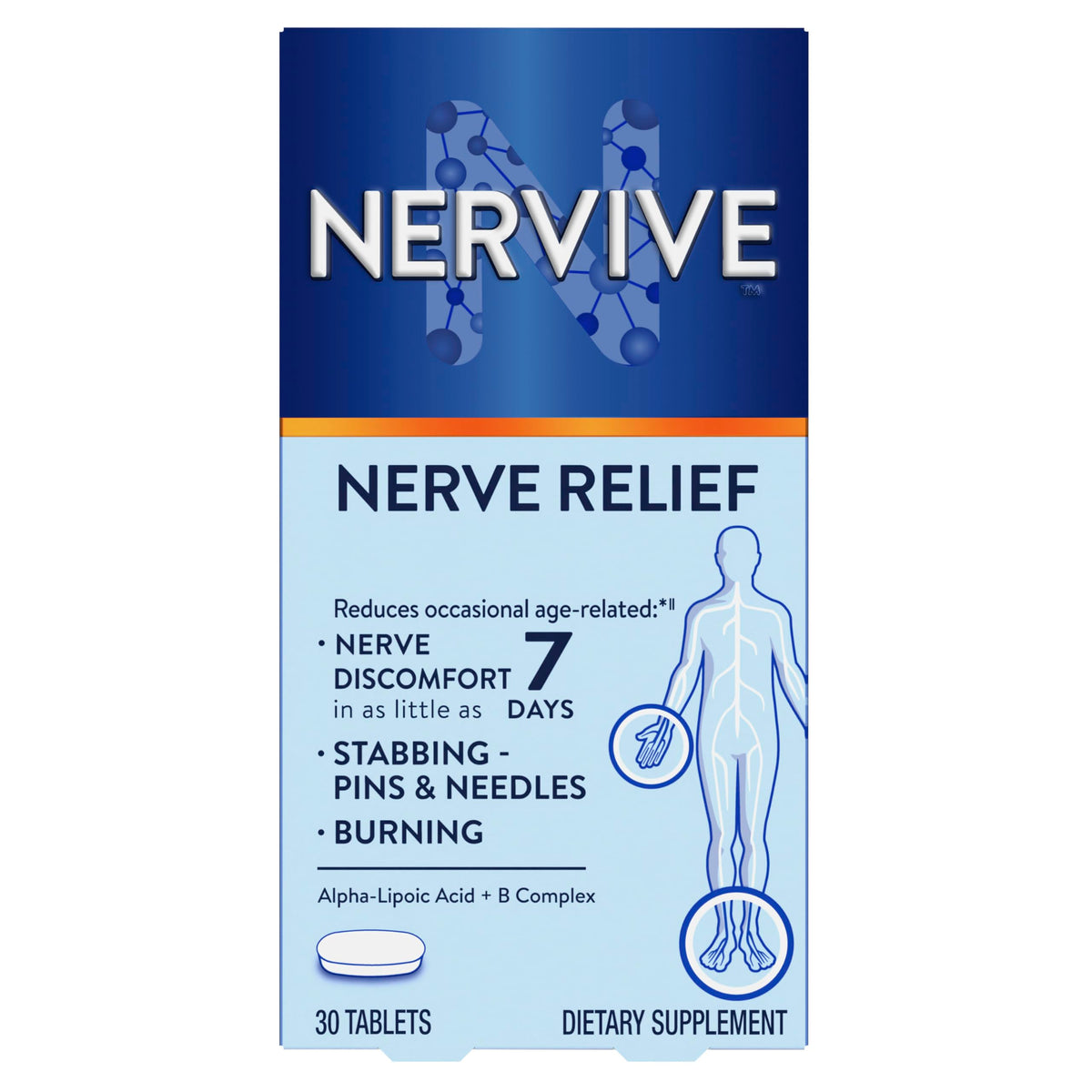 Nervive Nerve Relief 30 Tablets front view packaging