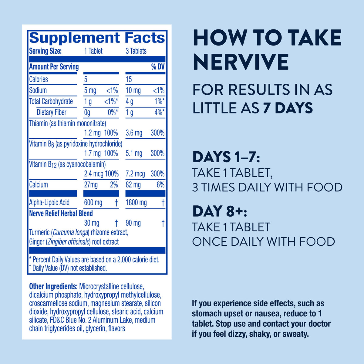 Nervive Nerve Relief 30 Tablets with a measuring cup