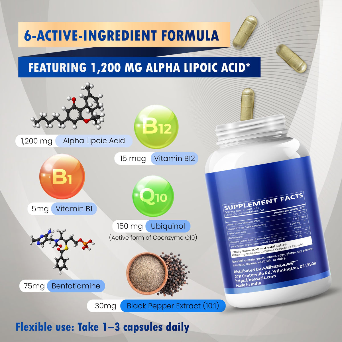 NESSARIT Alpha Lipoic Acid 1460 mg supplement capsules in a spoon