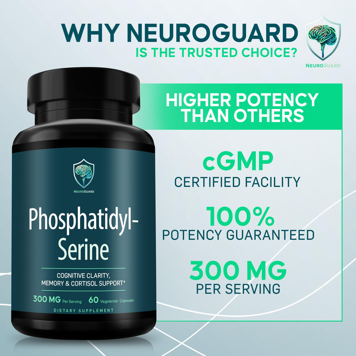 NeuroGuard Phosphatidylserine Supplement 300mg capsules on a wooden table
