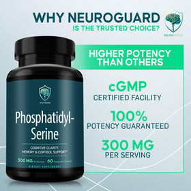 NeuroGuard Phosphatidylserine Supplement 300mg capsules on a wooden table
