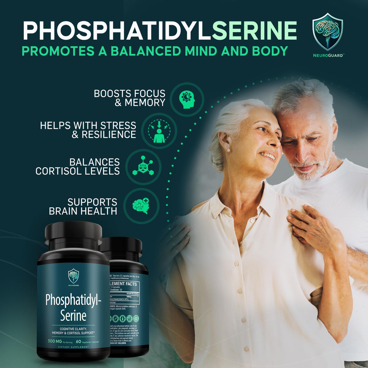 NeuroGuard Phosphatidylserine Supplement 300mg capsules with measuring spoon