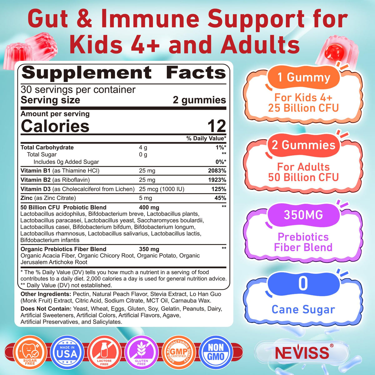 NEVISS Prebiotic Gummies peach flavour close-up