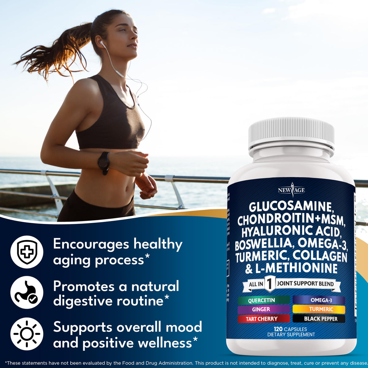 NEW AGE Joint Health Supplement capsules on a wooden table