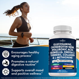 NEW AGE Joint Health Supplement capsules on a wooden table