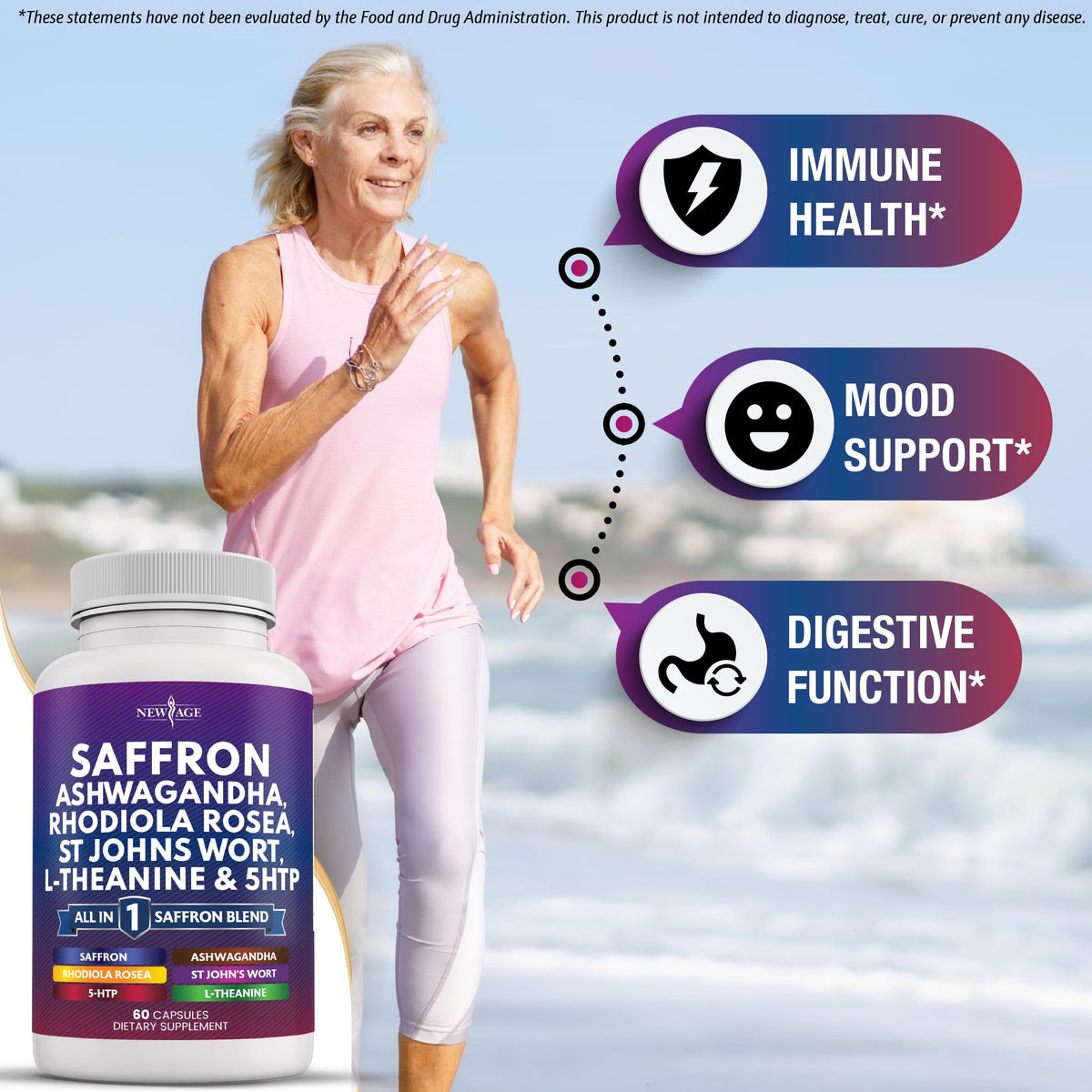 NEW AGE Saffron Supplements with Ashwagandha bottle on a countertop