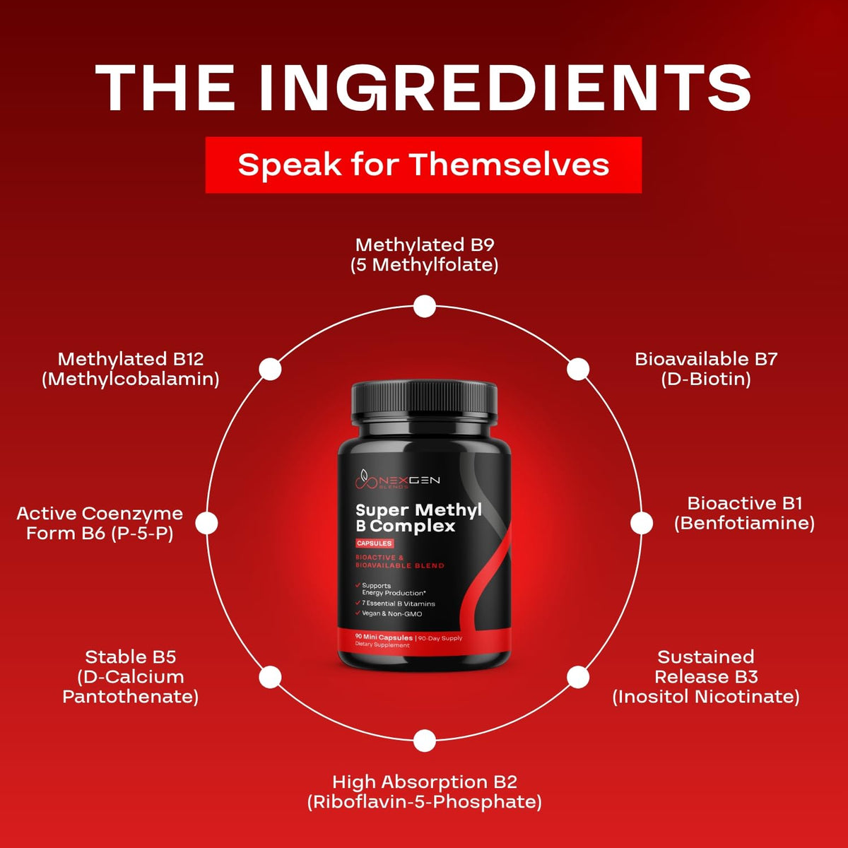 NEXGEN BLENDS Methylated B Complex 90 Caps with a measuring spoon