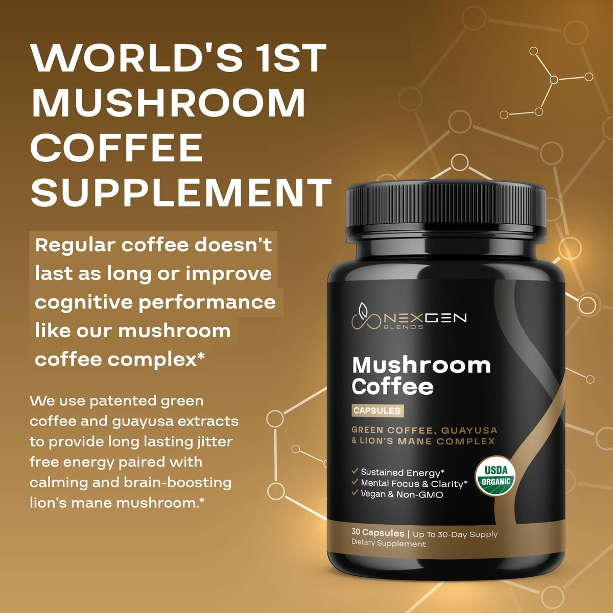 NEXGEN BLENDS Organic Mushroom Coffee Capsules back view with ingredient list