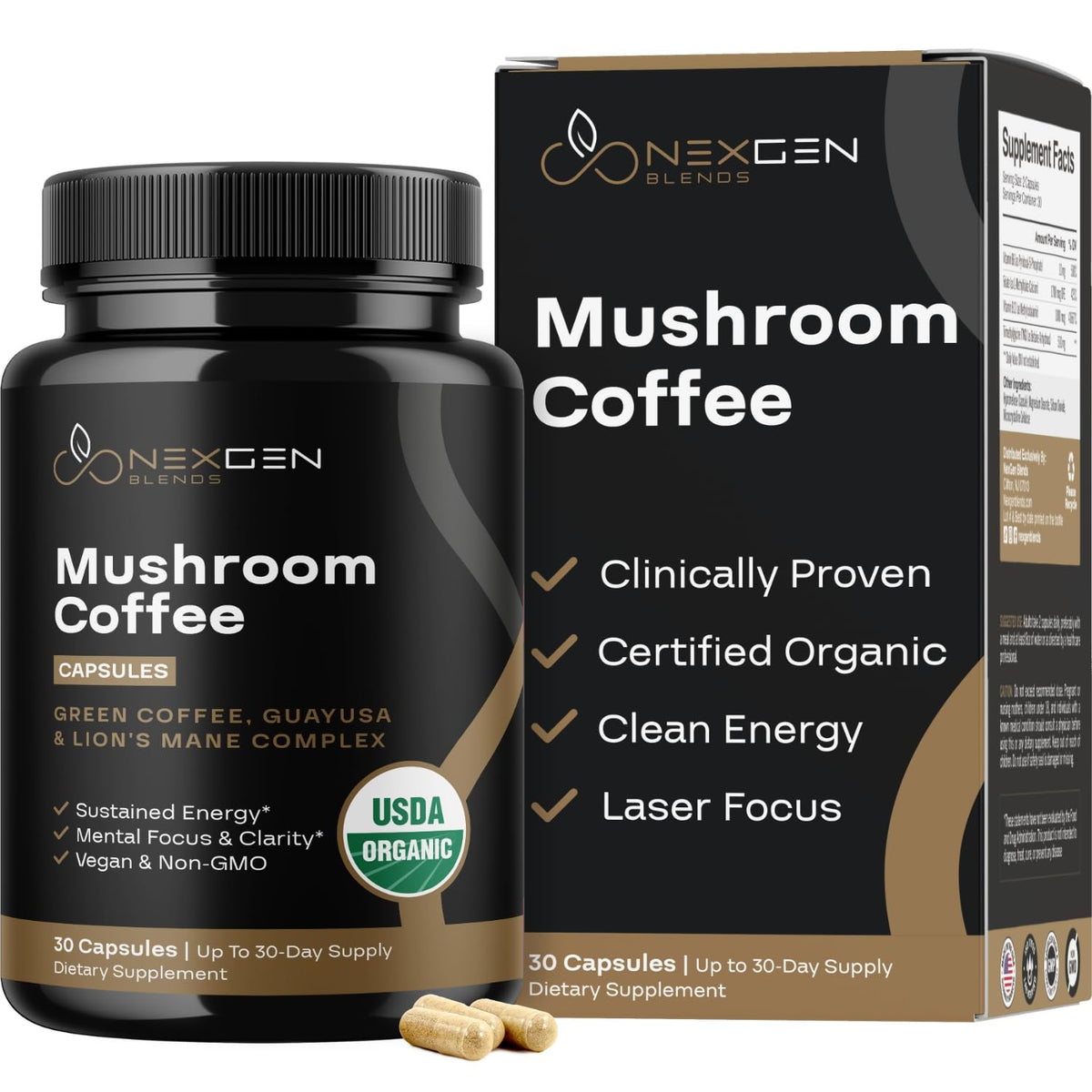 NEXGEN BLENDS Organic Mushroom Coffee Capsules front view with packaging