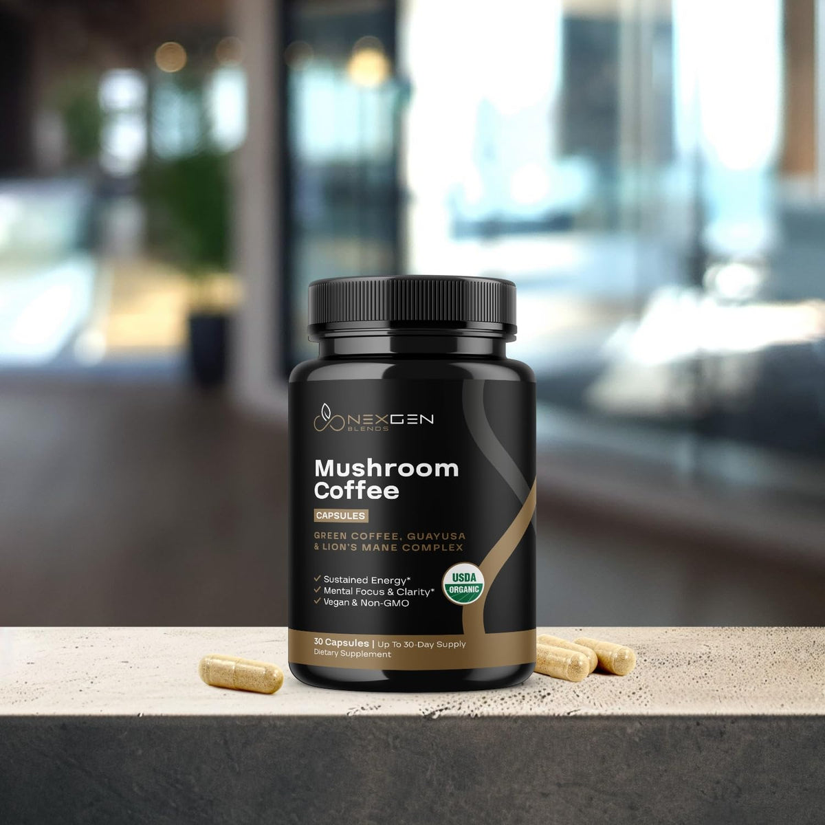 NEXGEN BLENDS Organic Mushroom Coffee Capsules on a wooden table
