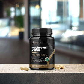 NEXGEN BLENDS Organic Mushroom Coffee Capsules on a wooden table