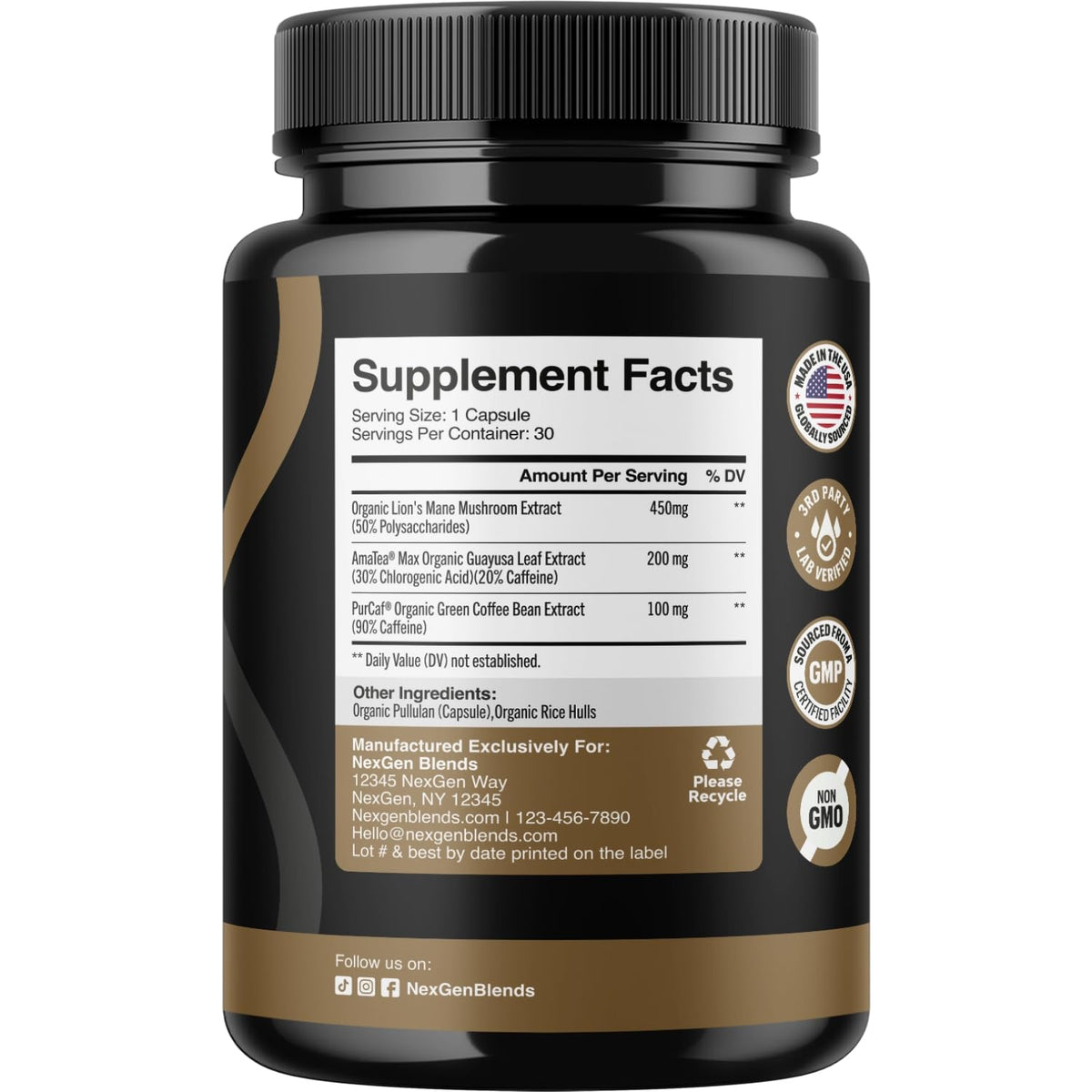 NEXGEN BLENDS Organic Mushroom Coffee Capsules side view showing capsule details