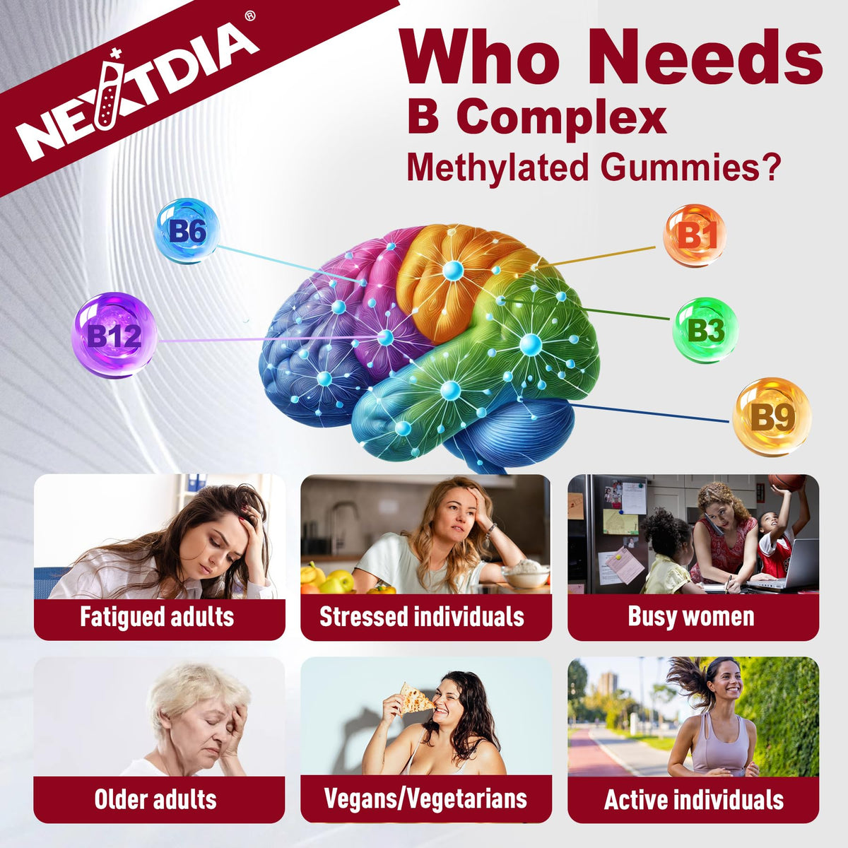 Nextdia B Complex Gummies bottle with a measuring spoon