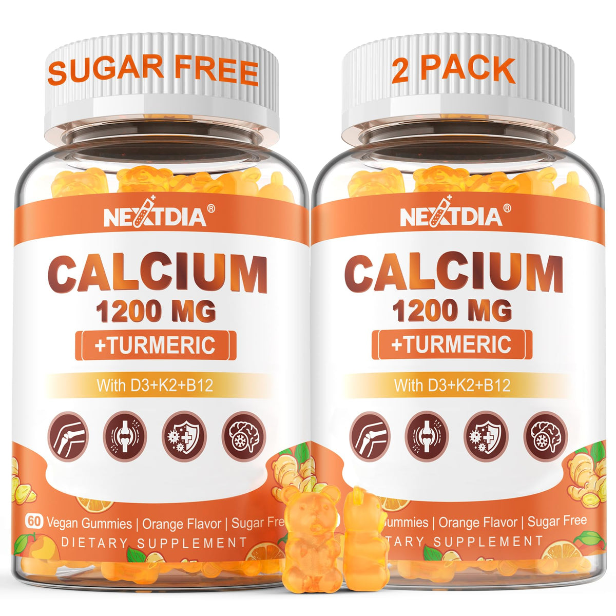 Nextdia Calcium Gummies 1200mg front view with orange flavour