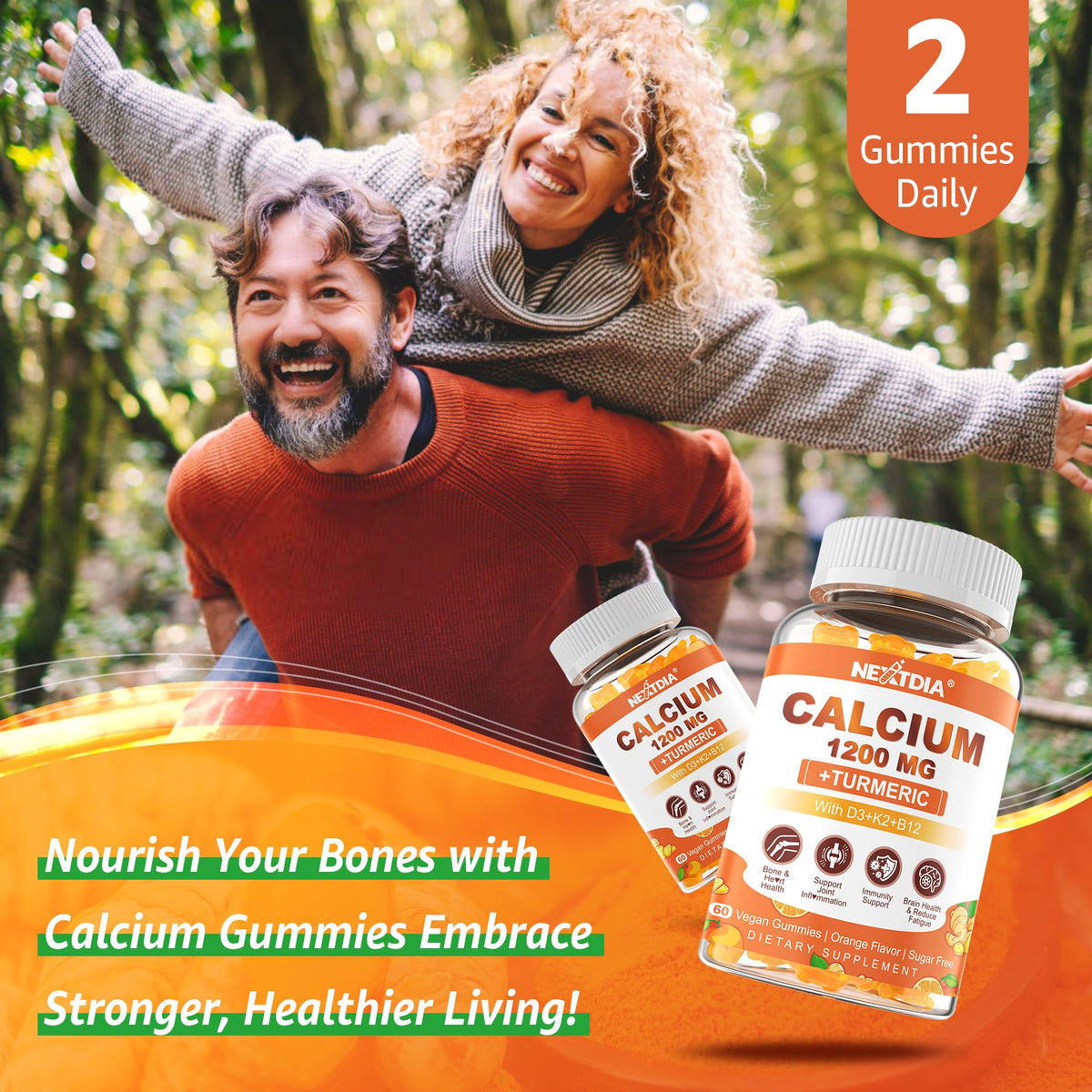 Nextdia Calcium Gummies on a wooden table with fresh oranges