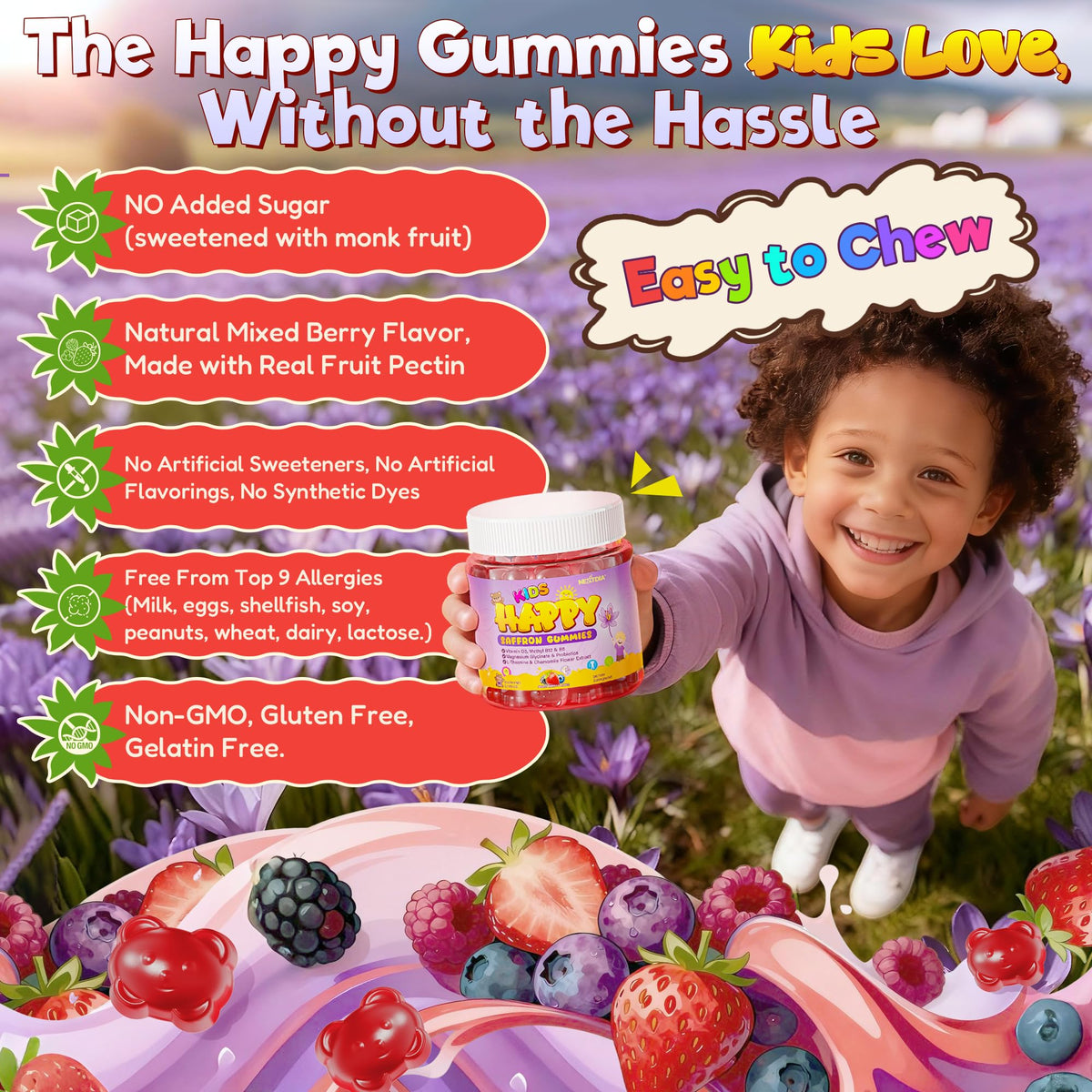 Nextdia Happy Saffron Gummies on a kitchen table